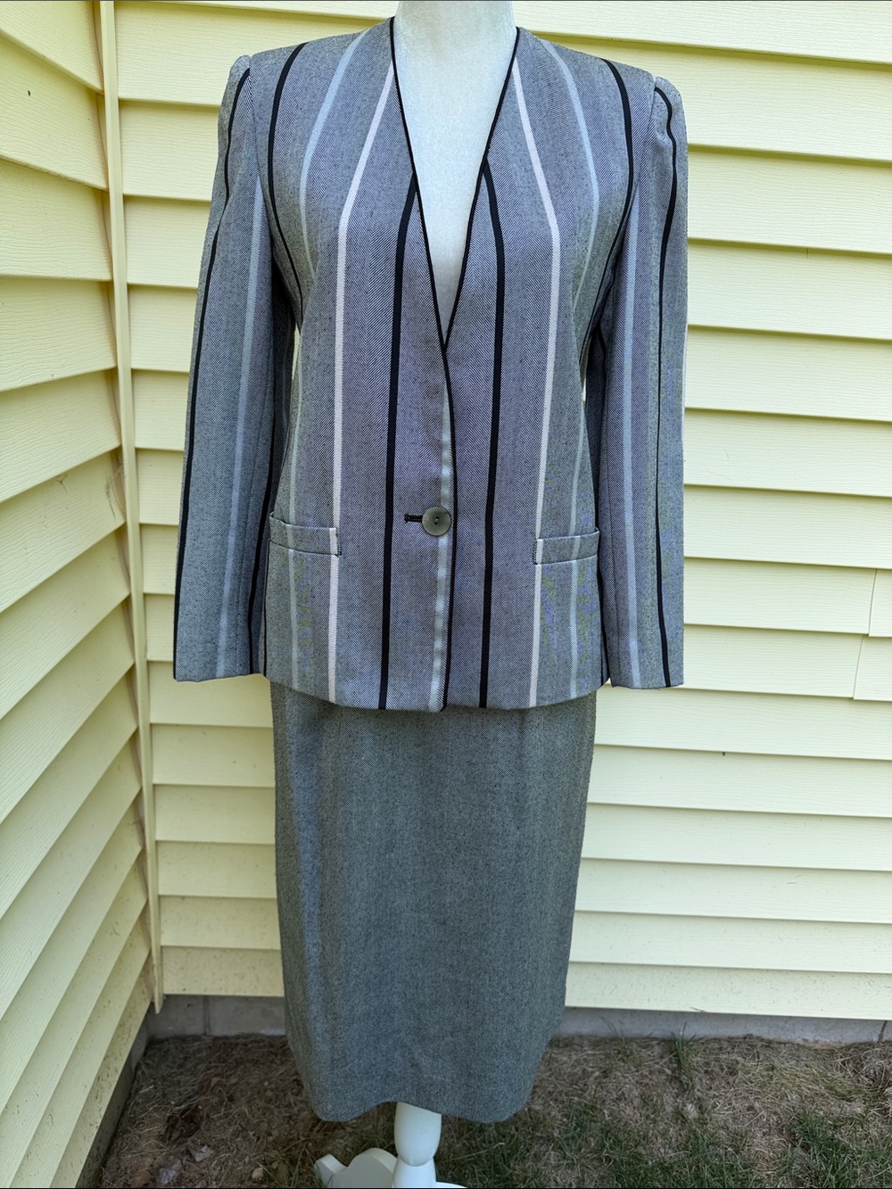 Women's Suit-Gray Striped Blazer Jacket with matching solid skirt